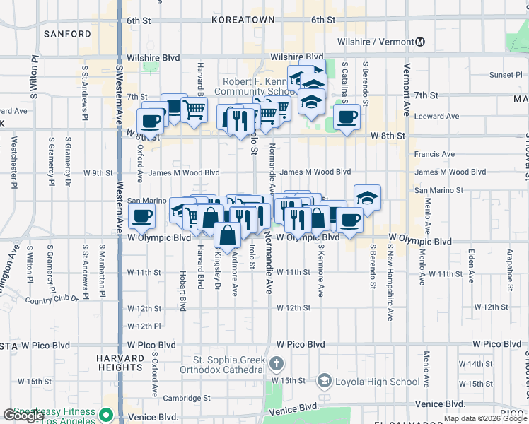 map of restaurants, bars, coffee shops, grocery stores, and more near 3215 San Marino Street in Los Angeles