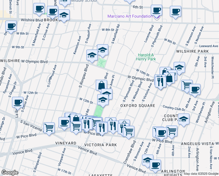 map of restaurants, bars, coffee shops, grocery stores, and more near 1089 Queen Anne Place in Los Angeles