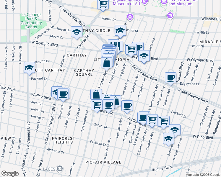 map of restaurants, bars, coffee shops, grocery stores, and more near 1209 South Ogden Drive in Los Angeles