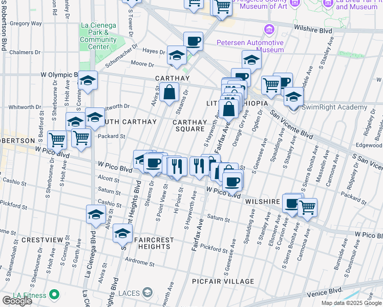 map of restaurants, bars, coffee shops, grocery stores, and more near 1161 Hi Point Street in Los Angeles