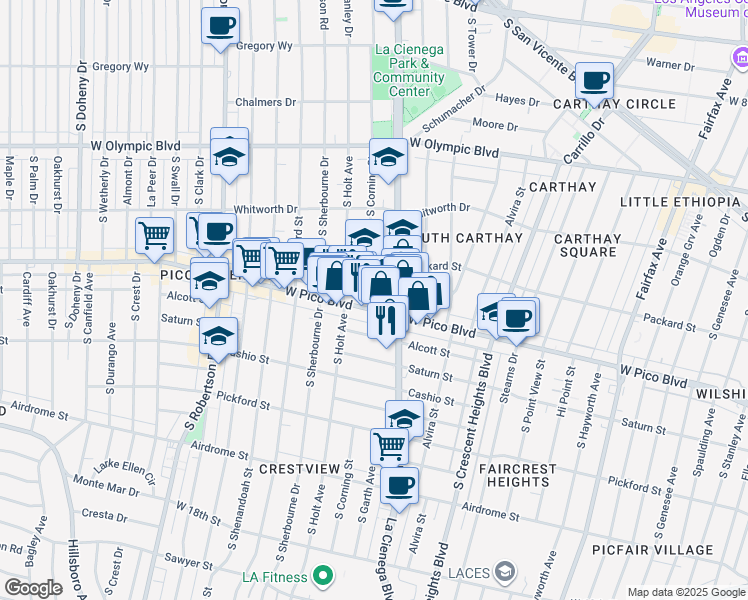 map of restaurants, bars, coffee shops, grocery stores, and more near 1240 South Corning Street in Los Angeles