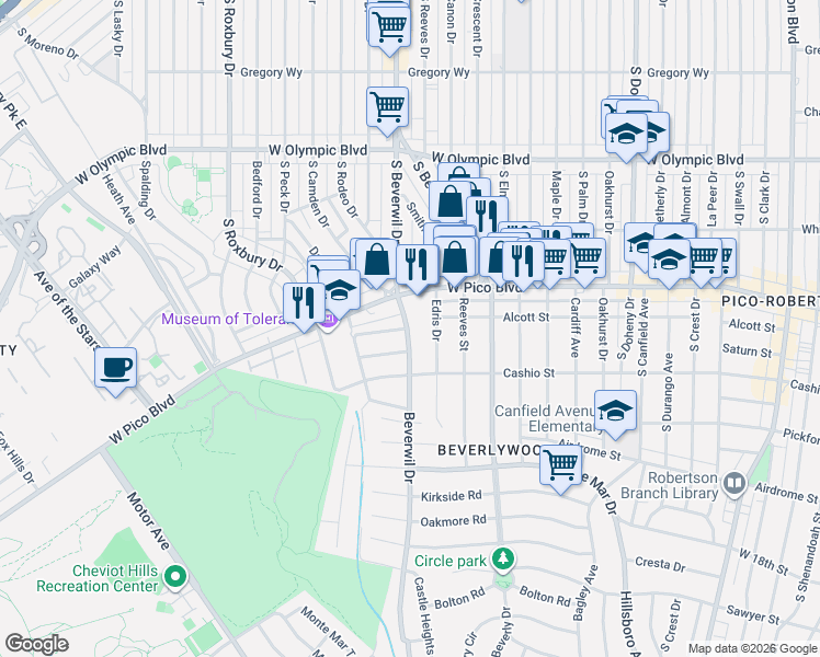 map of restaurants, bars, coffee shops, grocery stores, and more near 1417 Edris Drive in Los Angeles