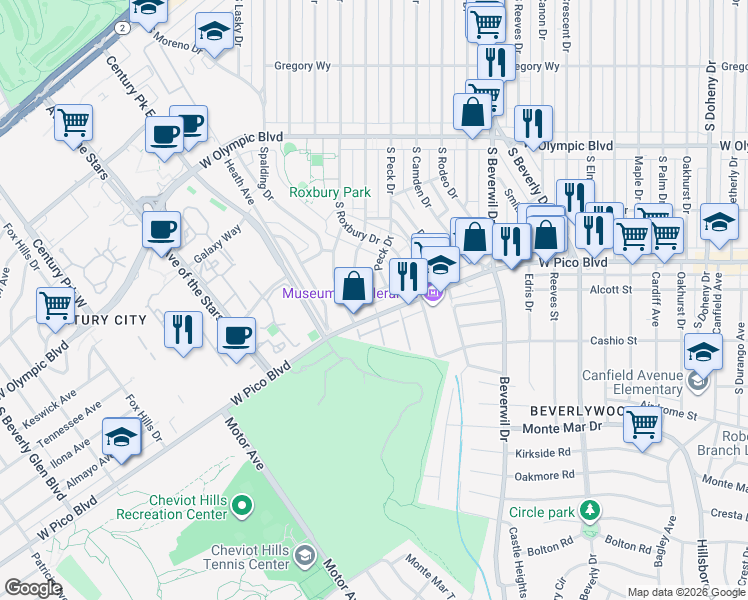 map of restaurants, bars, coffee shops, grocery stores, and more near 1239 Peck Drive in Los Angeles