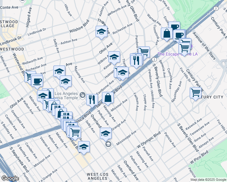 map of restaurants, bars, coffee shops, grocery stores, and more near 10576 Eastborne Avenue in Los Angeles