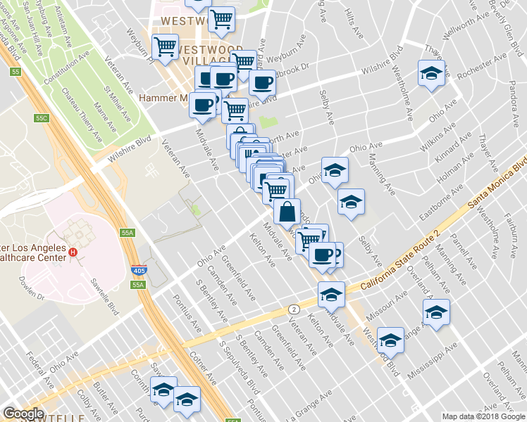 map of restaurants, bars, coffee shops, grocery stores, and more near 1435 Westwood Boulevard in Los Angeles