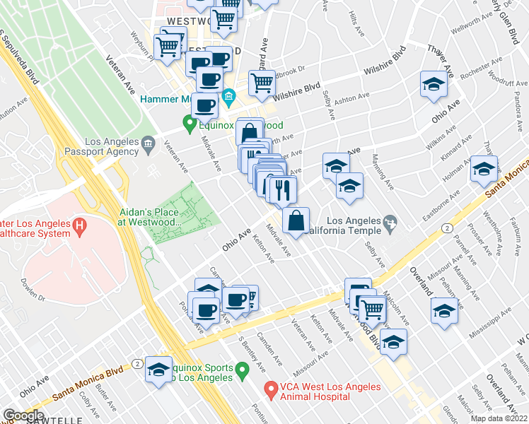 map of restaurants, bars, coffee shops, grocery stores, and more near 1435 Westwood Boulevard in Los Angeles
