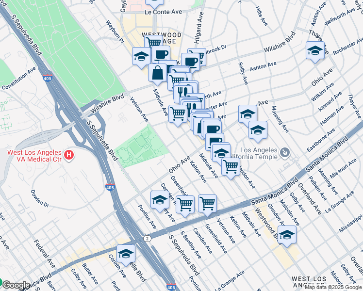 map of restaurants, bars, coffee shops, grocery stores, and more near 1409 Midvale Avenue in Los Angeles