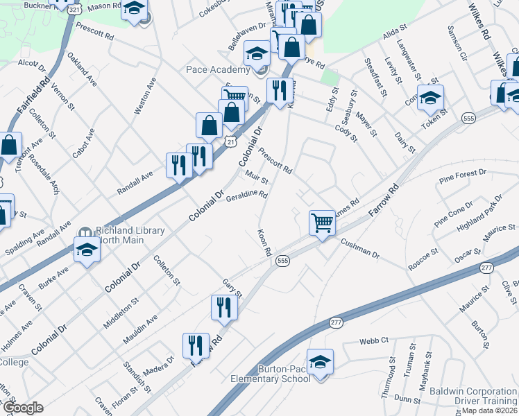 map of restaurants, bars, coffee shops, grocery stores, and more near 1450 Geraldine Road in Columbia