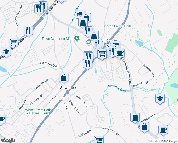 map of restaurants, bars, coffee shops, grocery stores, and more near 402 U.S. 23 in Suwanee