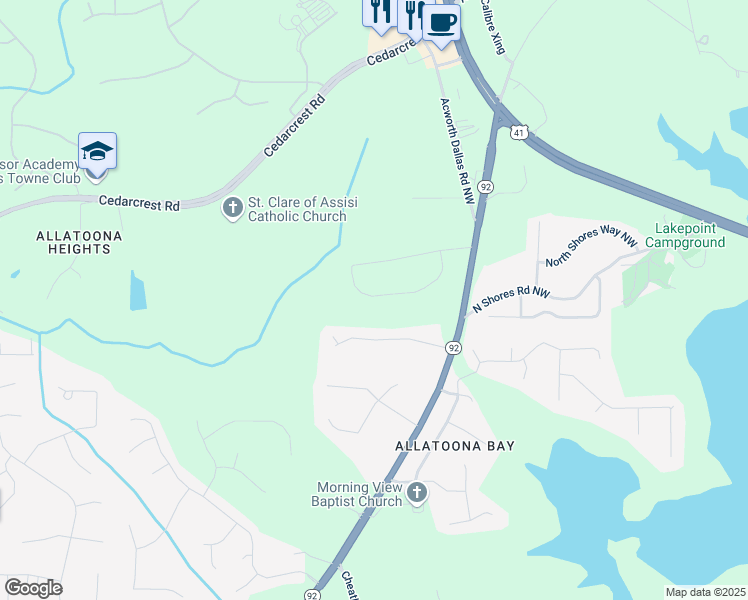 map of restaurants, bars, coffee shops, grocery stores, and more near 5886 Bridgemont Place in Acworth
