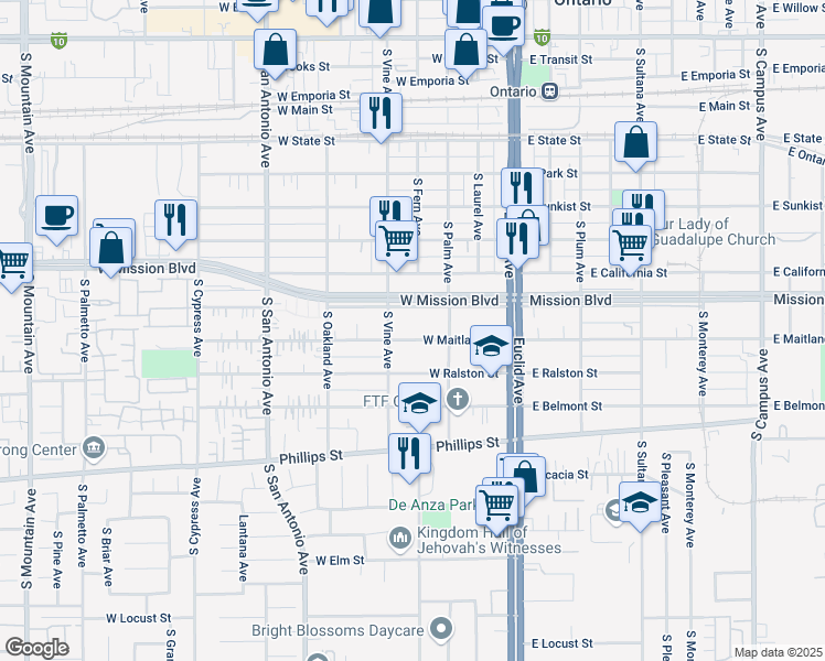 map of restaurants, bars, coffee shops, grocery stores, and more near 410 West Maitland Street in Ontario