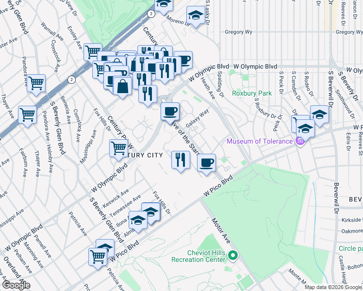map of restaurants, bars, coffee shops, grocery stores, and more near 10299 West Galaxy Way in Los Angeles