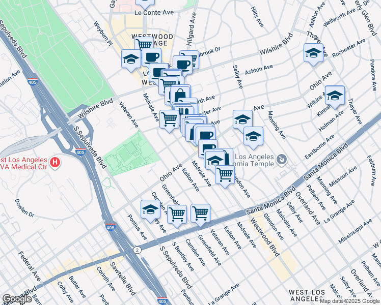 map of restaurants, bars, coffee shops, grocery stores, and more near 1450 Midvale Avenue in Los Angeles