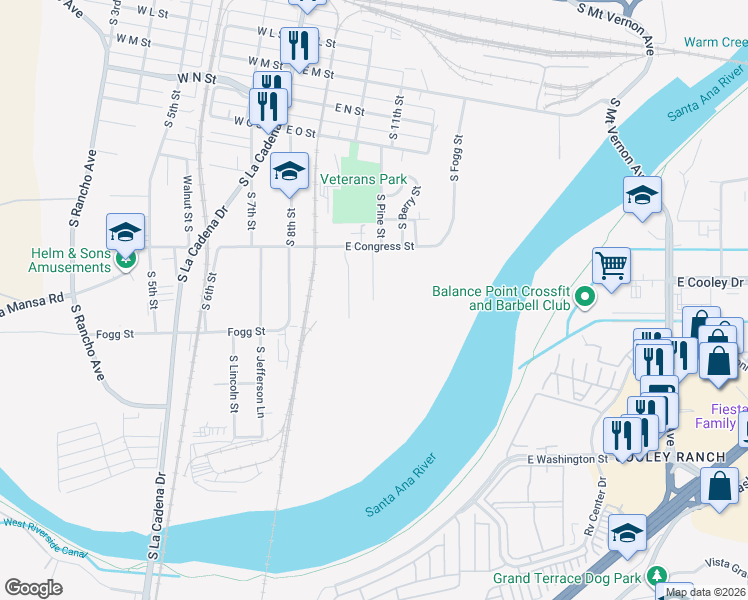 map of restaurants, bars, coffee shops, grocery stores, and more near 998 South Fernando Street in Colton