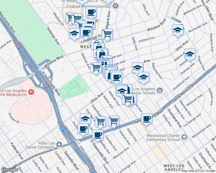 map of restaurants, bars, coffee shops, grocery stores, and more near 1450 Midvale Avenue in Los Angeles