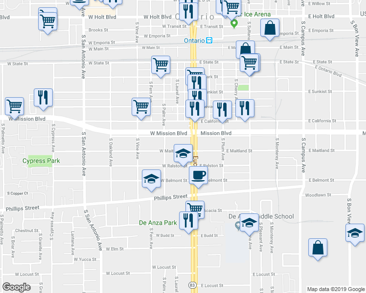 map of restaurants, bars, coffee shops, grocery stores, and more near 116 West Maitland Street in Ontario