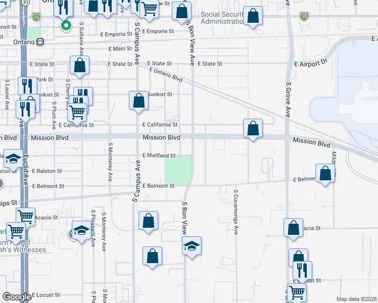map of restaurants, bars, coffee shops, grocery stores, and more near 928 South Bon View Avenue in Ontario