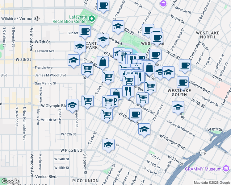 map of restaurants, bars, coffee shops, grocery stores, and more near 2203 West 9th Street in Los Angeles