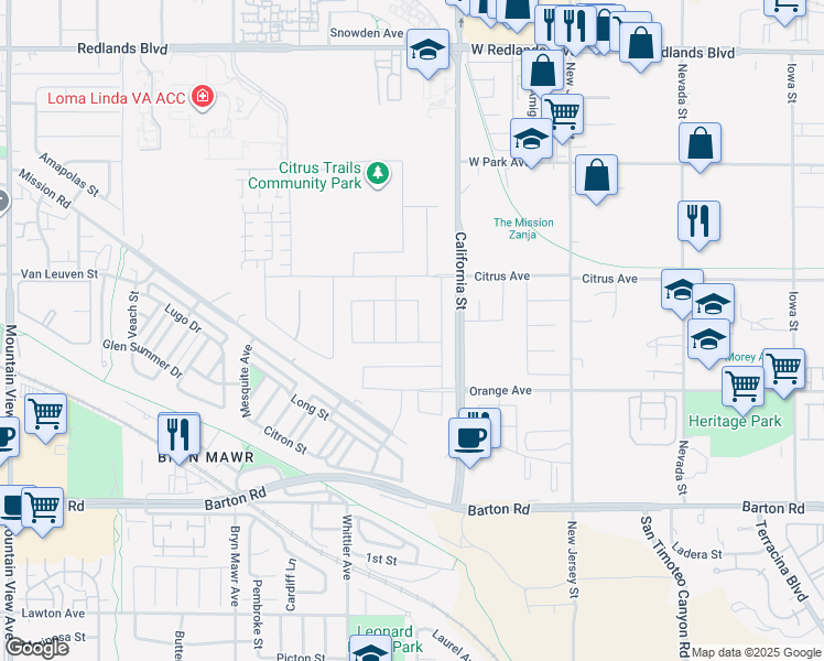 map of restaurants, bars, coffee shops, grocery stores, and more near 10994 Roble Street in Loma Linda