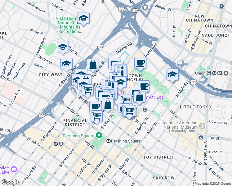 map of restaurants, bars, coffee shops, grocery stores, and more near 221 South Grand Avenue in Los Angeles