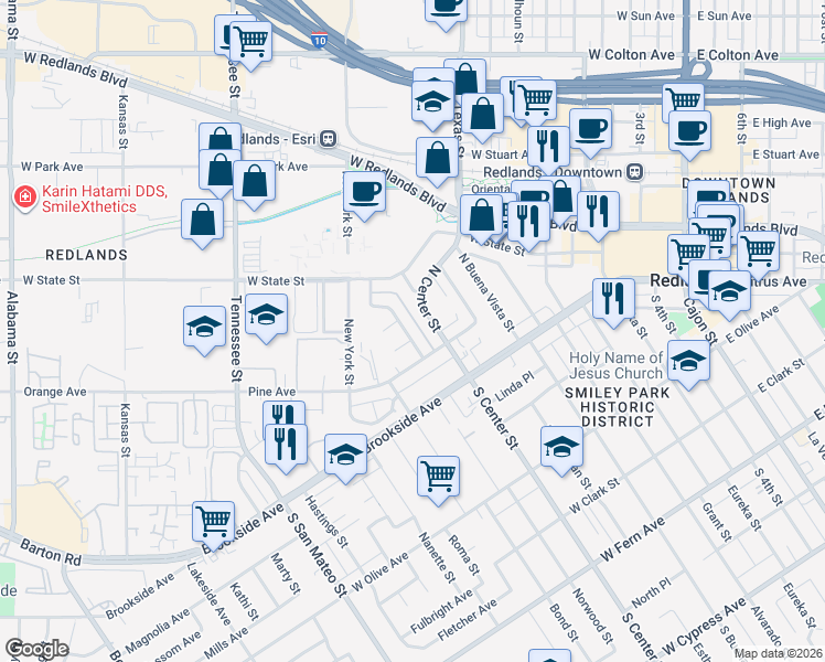 map of restaurants, bars, coffee shops, grocery stores, and more near 122 Tamarisk Street in Redlands