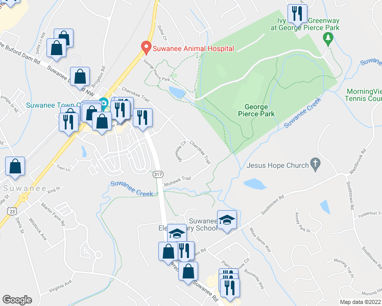 map of restaurants, bars, coffee shops, grocery stores, and more near 276 Seminole Circle in Suwanee
