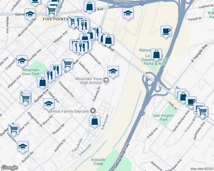 map of restaurants, bars, coffee shops, grocery stores, and more near 2900 Parkway Drive in El Monte