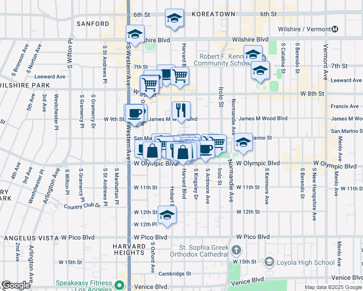 map of restaurants, bars, coffee shops, grocery stores, and more near 955 South Harvard Boulevard in Los Angeles