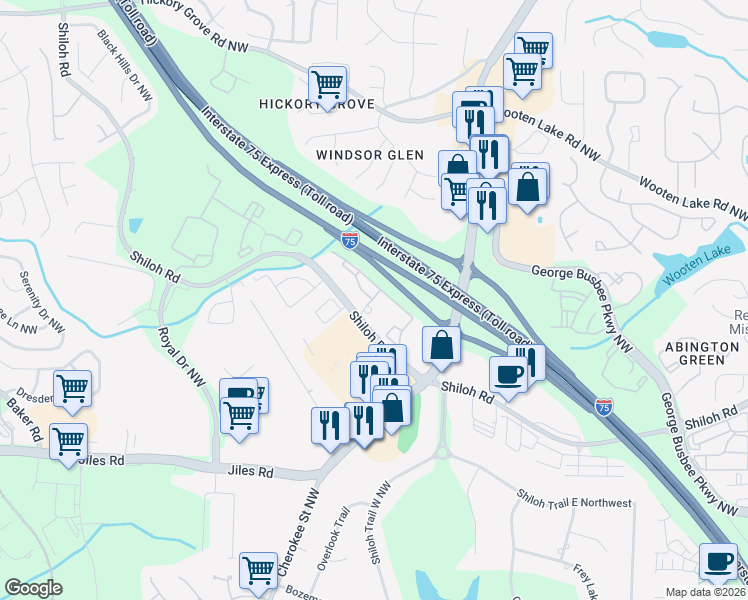 map of restaurants, bars, coffee shops, grocery stores, and more near 50 Walton Green Way Northwest in Kennesaw