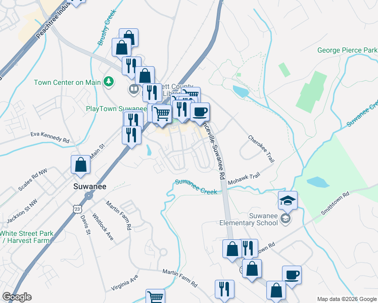 map of restaurants, bars, coffee shops, grocery stores, and more near 350 Suwanee Avenue Northwest in Suwanee