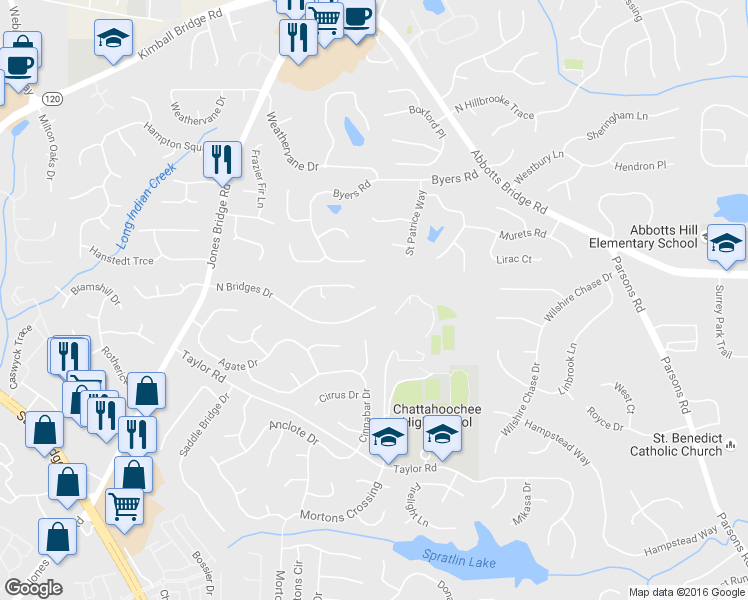 map of restaurants, bars, coffee shops, grocery stores, and more near 5170 North Bridges Drive in Alpharetta