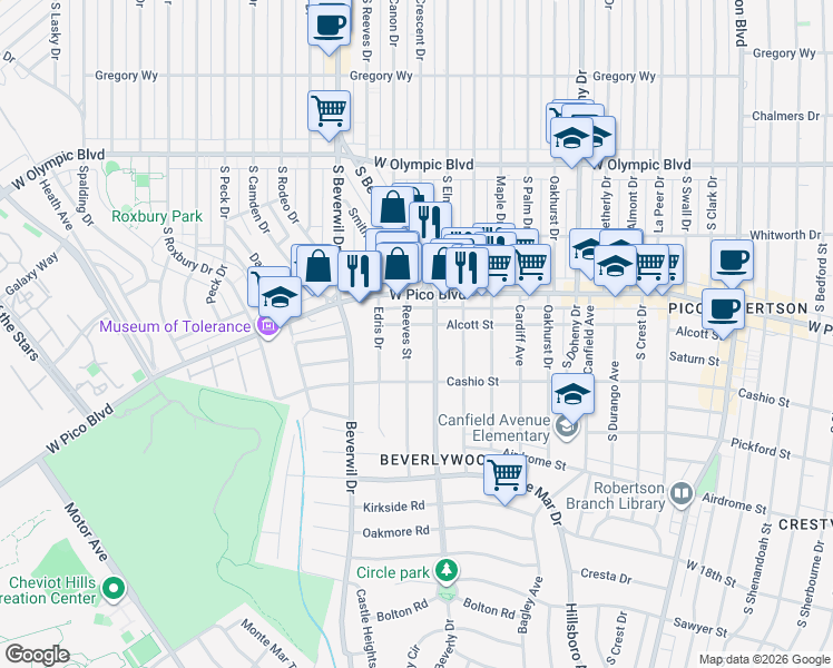 map of restaurants, bars, coffee shops, grocery stores, and more near 1440 Reeves Street in Los Angeles