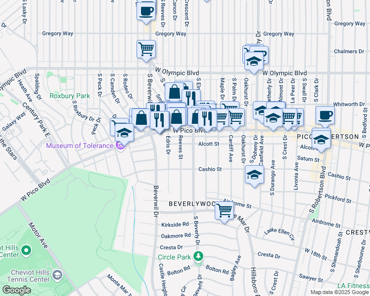 map of restaurants, bars, coffee shops, grocery stores, and more near 1440 Reeves Street in Los Angeles
