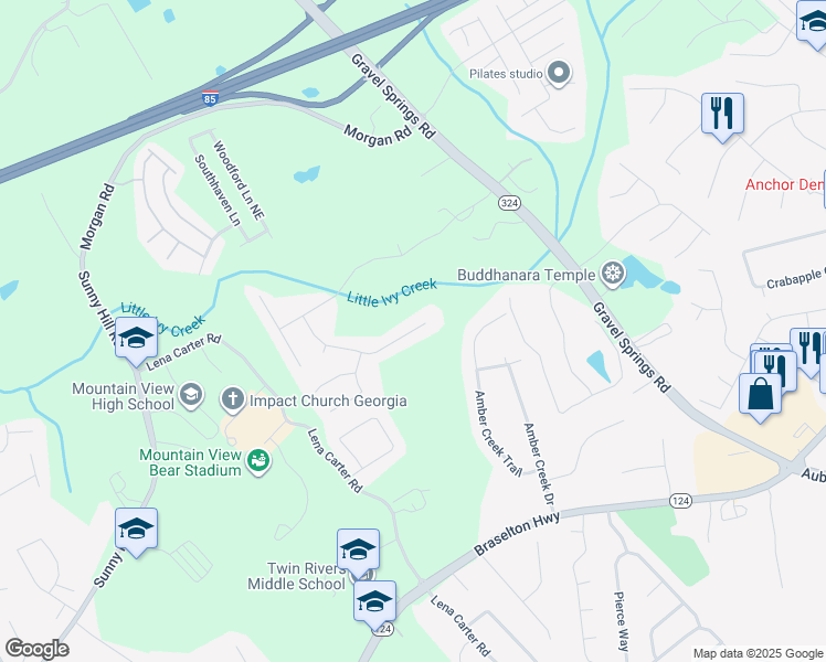 map of restaurants, bars, coffee shops, grocery stores, and more near 2553 Bancroft Way in Buford