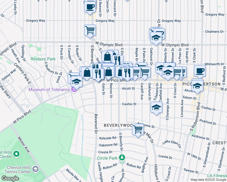 map of restaurants, bars, coffee shops, grocery stores, and more near 1440 Reeves Street in Los Angeles