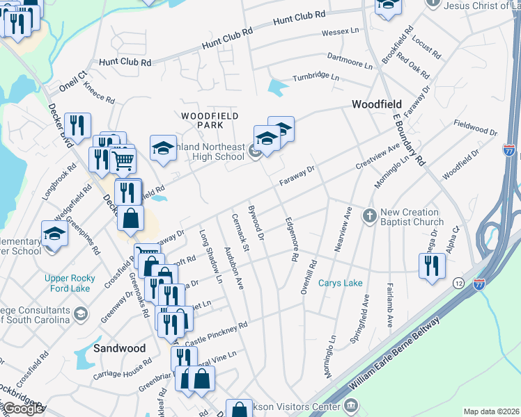 map of restaurants, bars, coffee shops, grocery stores, and more near 1505 Crestview Avenue in Columbia