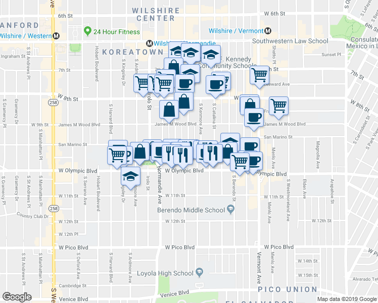 map of restaurants, bars, coffee shops, grocery stores, and more near 954 Fedora Street in Los Angeles