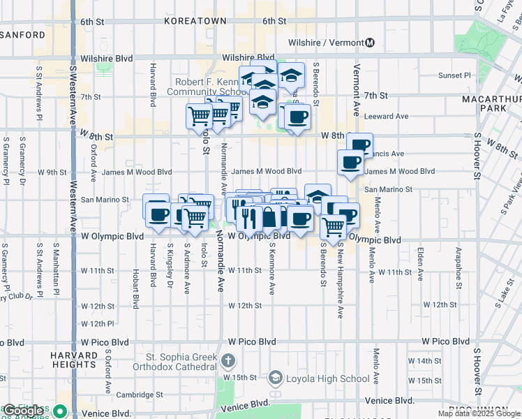 map of restaurants, bars, coffee shops, grocery stores, and more near 954 Fedora Street in Los Angeles
