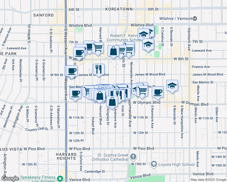 map of restaurants, bars, coffee shops, grocery stores, and more near 955 South Ardmore Avenue in Los Angeles