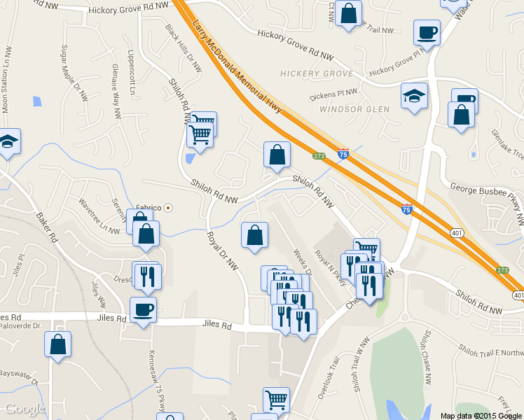 map of restaurants, bars, coffee shops, grocery stores, and more near 4200 Royal Regency Circle in Kennesaw