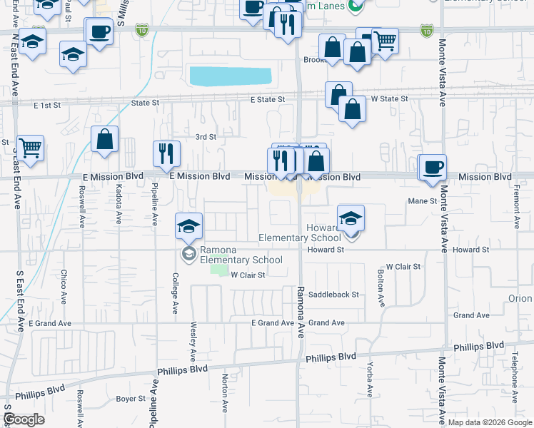 map of restaurants, bars, coffee shops, grocery stores, and more near 11008 San Pasqual Avenue in Montclair
