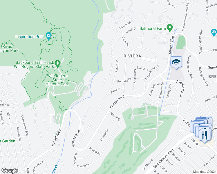 map of restaurants, bars, coffee shops, grocery stores, and more near 1319 Amalfi Drive in Los Angeles