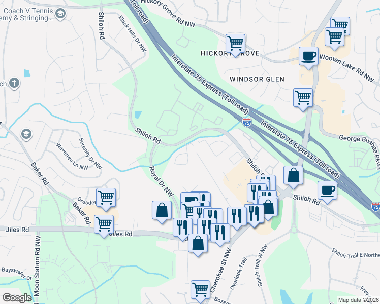 map of restaurants, bars, coffee shops, grocery stores, and more near 4200 Royal Regency Circle in Kennesaw