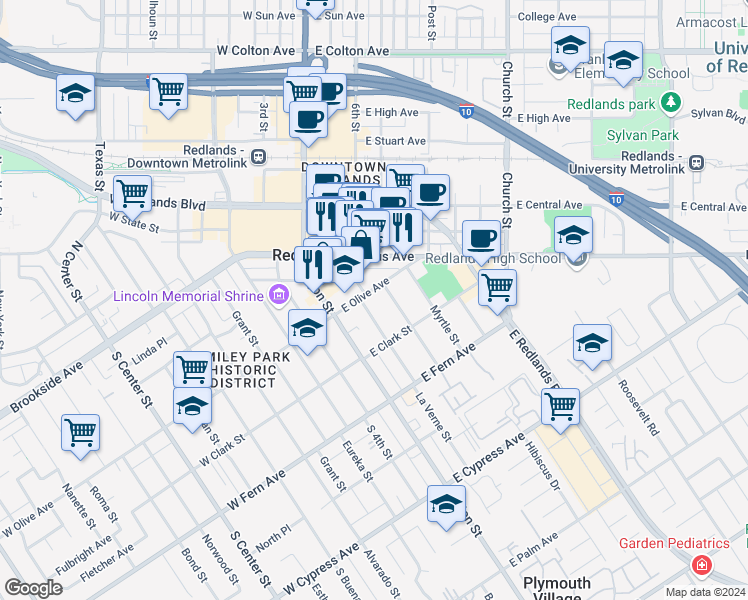 map of restaurants, bars, coffee shops, grocery stores, and more near 101 East Olive Avenue in Redlands