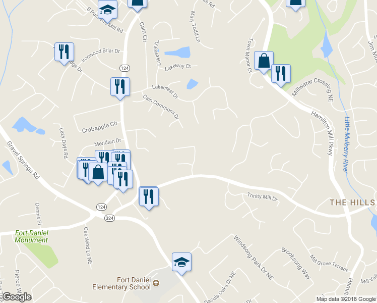map of restaurants, bars, coffee shops, grocery stores, and more near 2020 Ashton Pointe Drive Northeast in Dacula