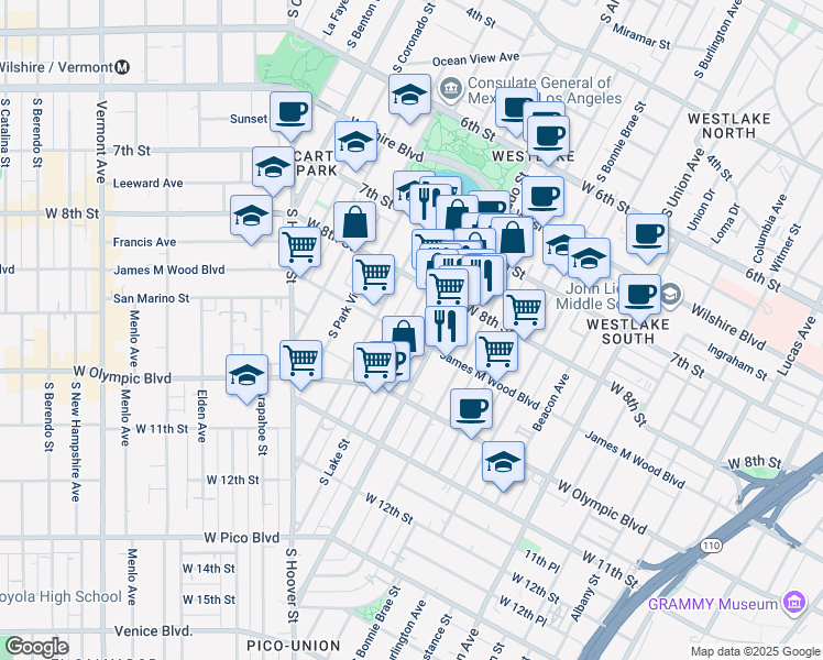 map of restaurants, bars, coffee shops, grocery stores, and more near 2121 James M Wood Boulevard in Los Angeles