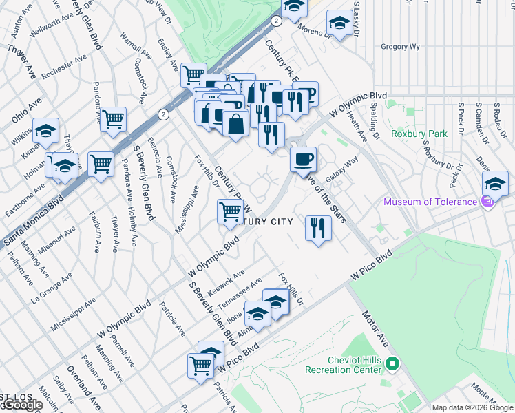 map of restaurants, bars, coffee shops, grocery stores, and more near 2187 Century Woods Way in Los Angeles