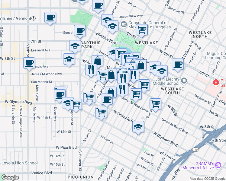 map of restaurants, bars, coffee shops, grocery stores, and more near 2121 James M Wood Boulevard in Los Angeles