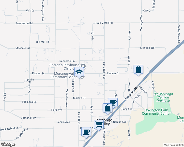 map of restaurants, bars, coffee shops, grocery stores, and more near 49625 Recuerdo Lane in Morongo Valley
