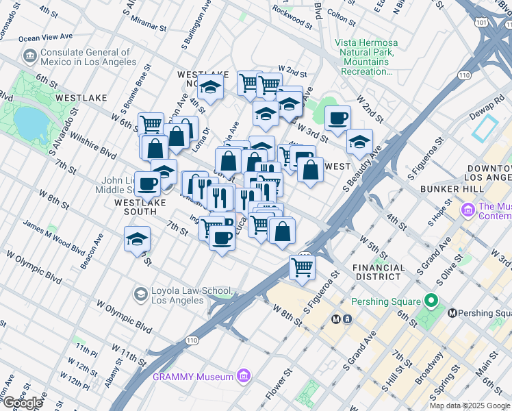 map of restaurants, bars, coffee shops, grocery stores, and more near 1120 West 6th Street in Los Angeles